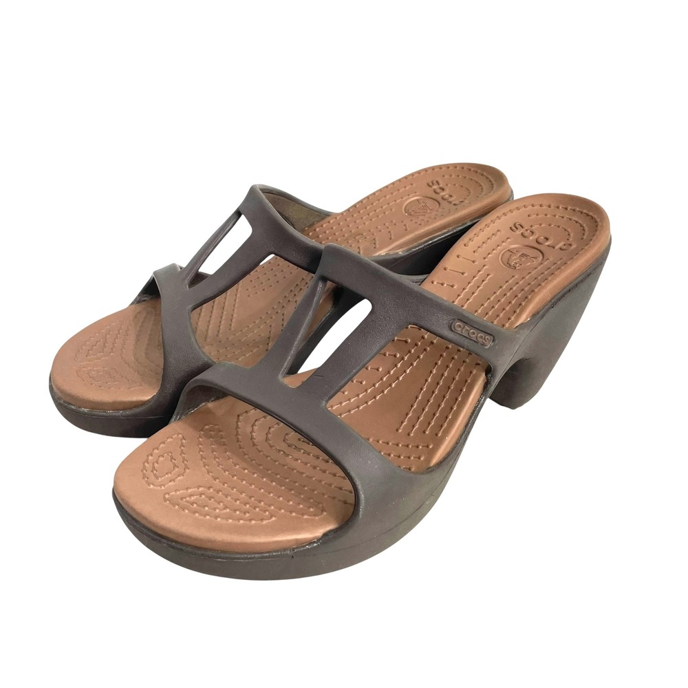 CROCS Cyprus II Open Toe Slip On slide Heels Size 10 brown rubber comfort shoes
